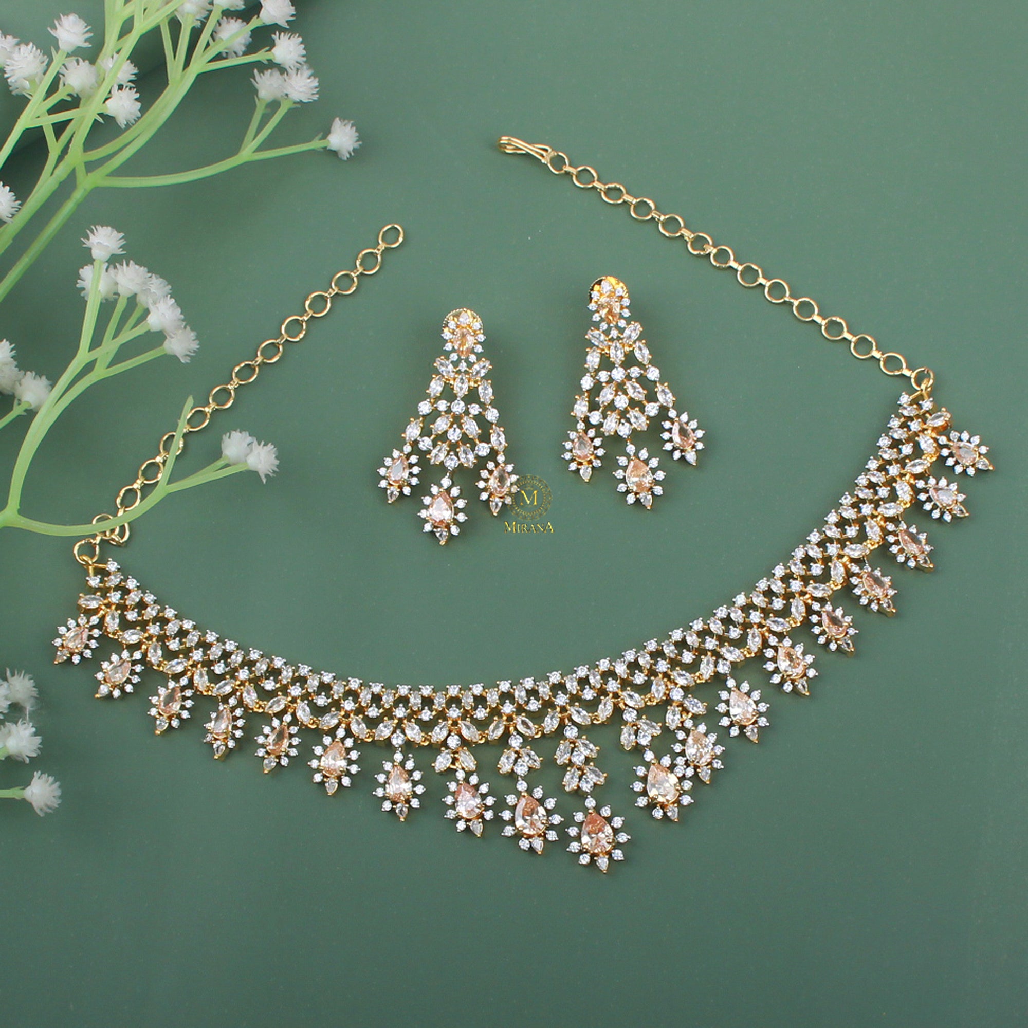 Avenley Champagne CZ Designer Necklace Set