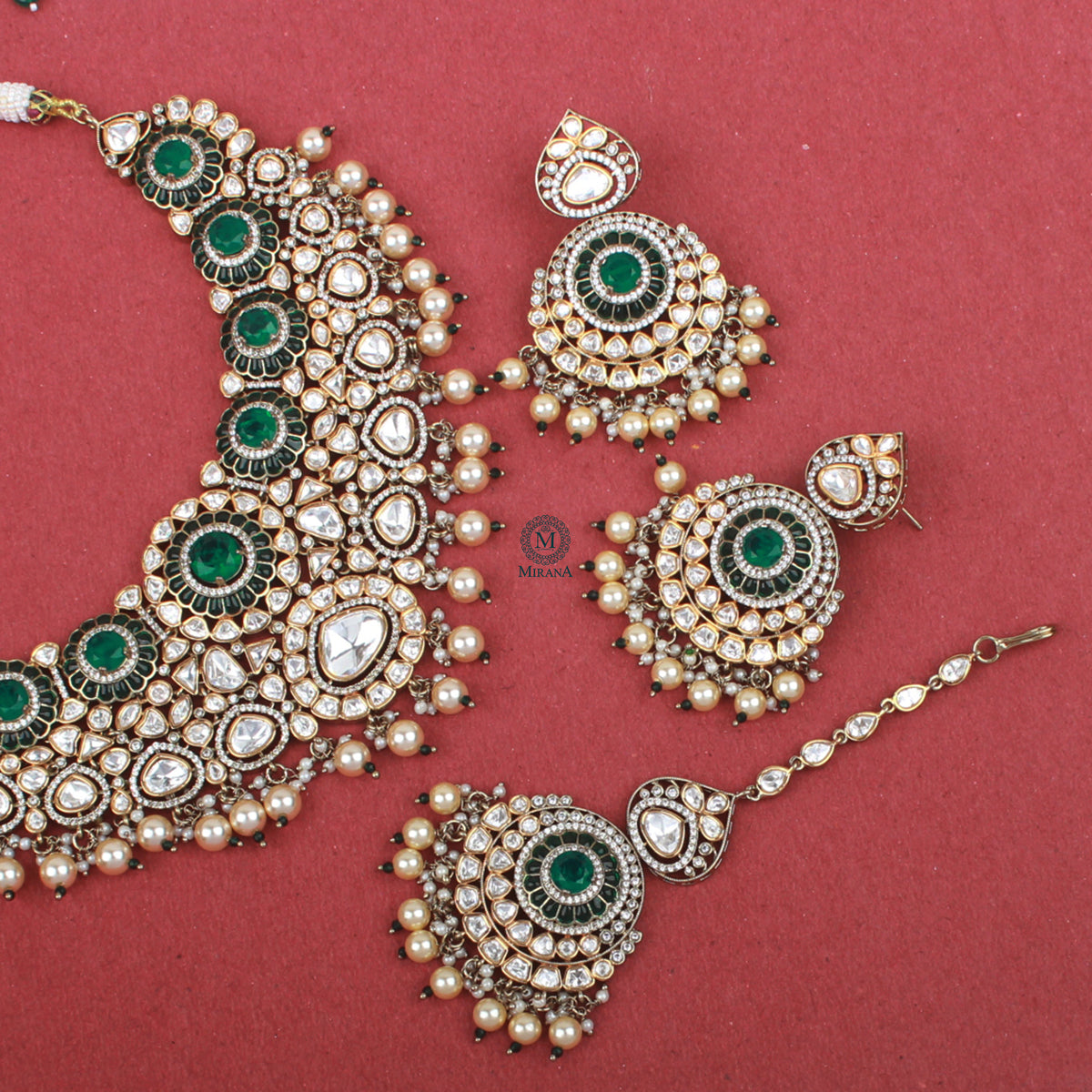Deepshika Emerald Green Polki Necklace Set