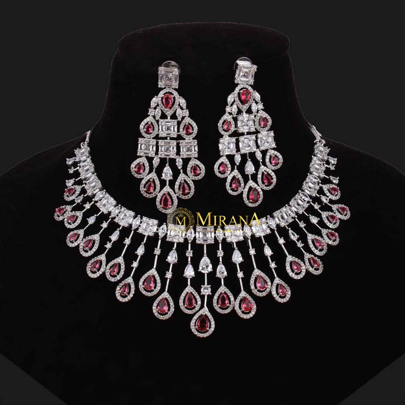 CZ Waterfall Red Colored Necklace Set