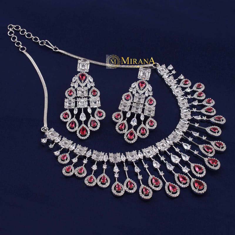 CZ Waterfall Red Colored Necklace Set