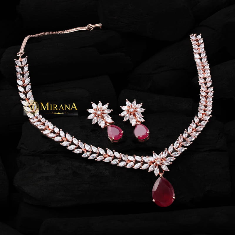 Diana Ruby Colored V Line Necklace Set