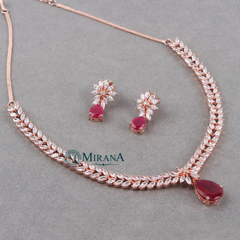 Diana Ruby Colored V Line Necklace Set