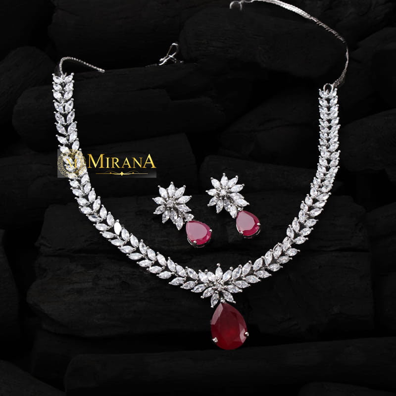 Diana Ruby Colored V Line Necklace Set