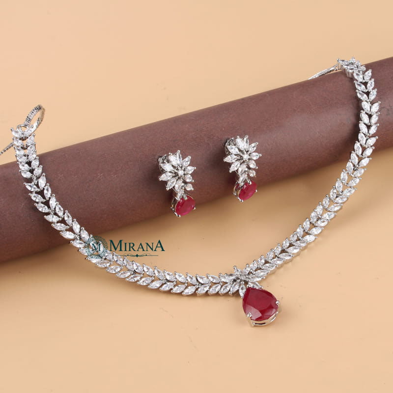 Diana Ruby Colored V Line Necklace Set