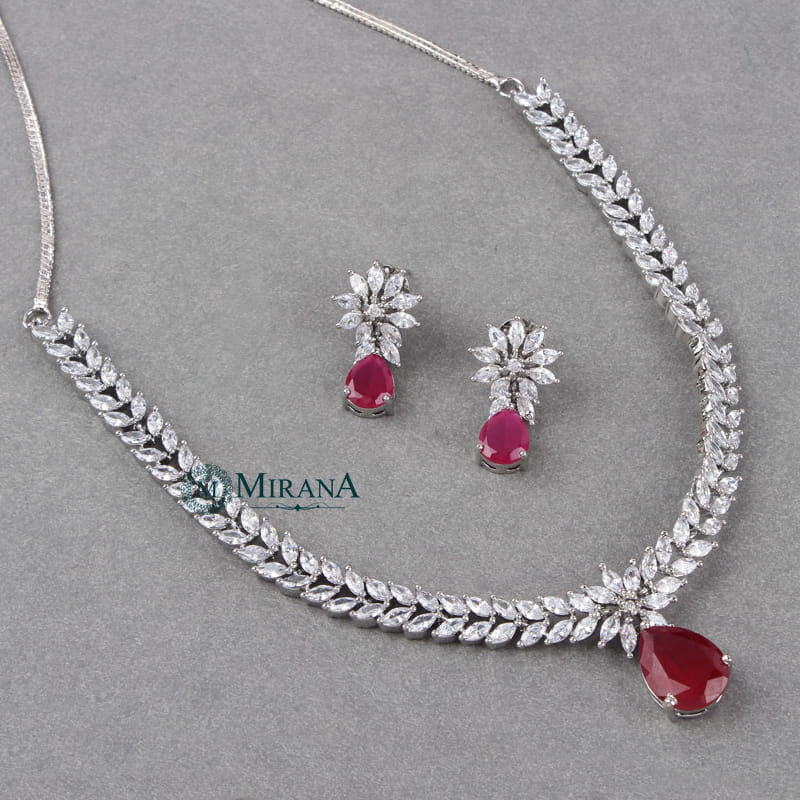 Diana Ruby Colored V Line Necklace Set