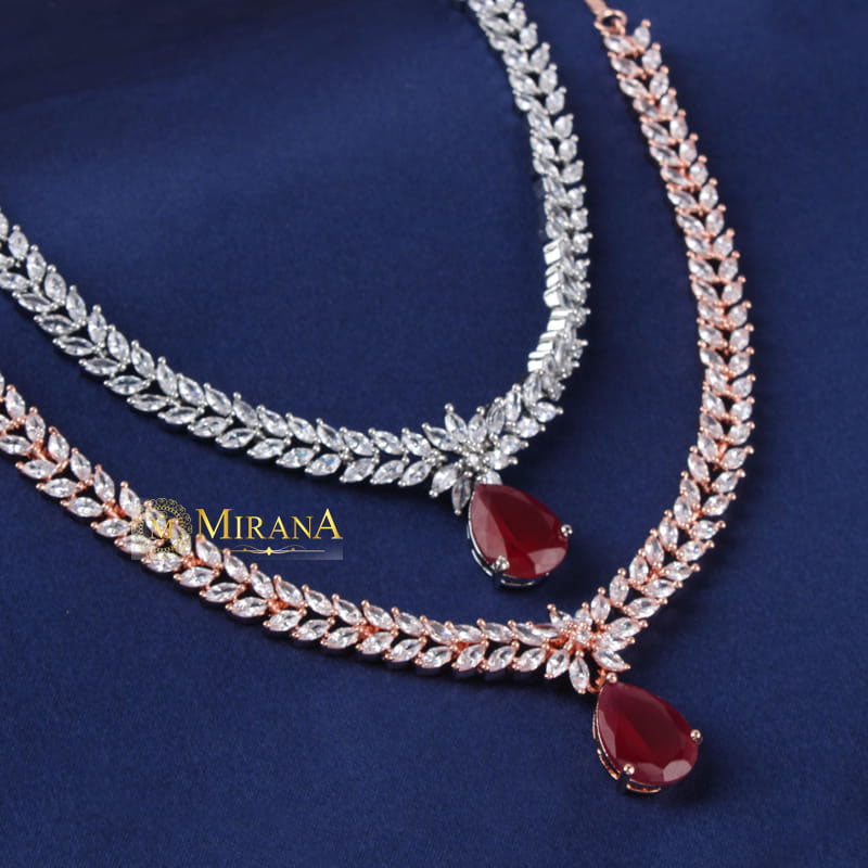 Diana Ruby Colored V Line Necklace Set