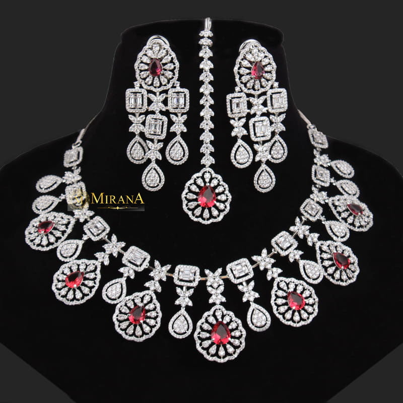 Harlyn Red Colored Bridal Look Necklace Set