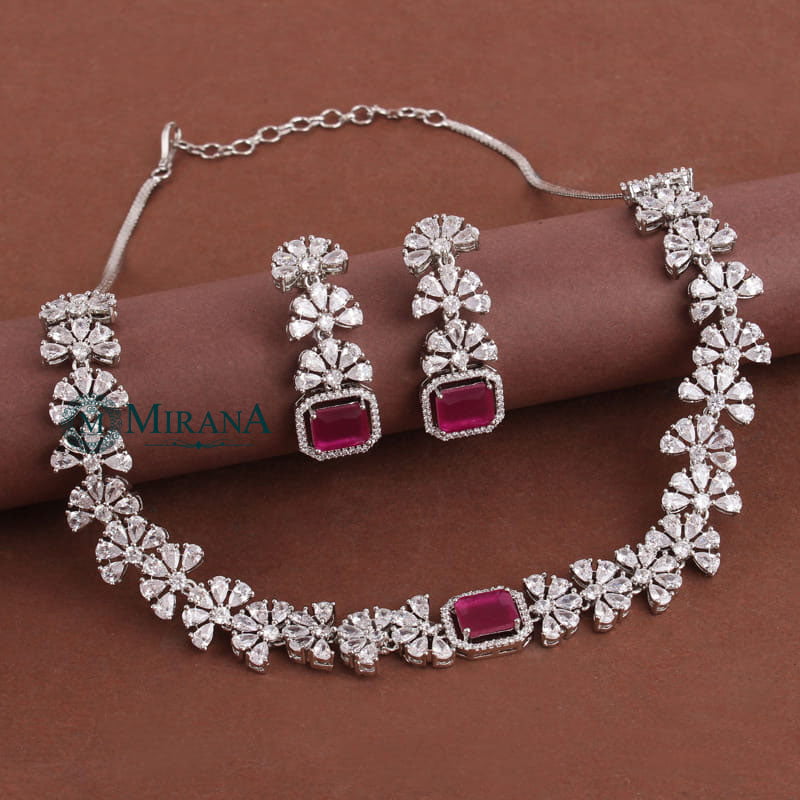 Luna Ruby Colored Flower Necklace Set