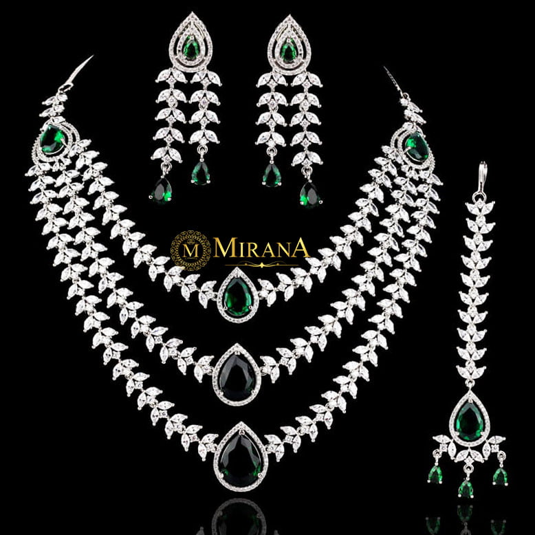 Diana Green Colored Triple Layered Designer Necklace Set