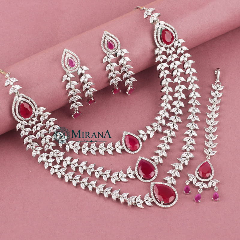 Diana Ruby Colored Triple Layered Designer Necklace Set