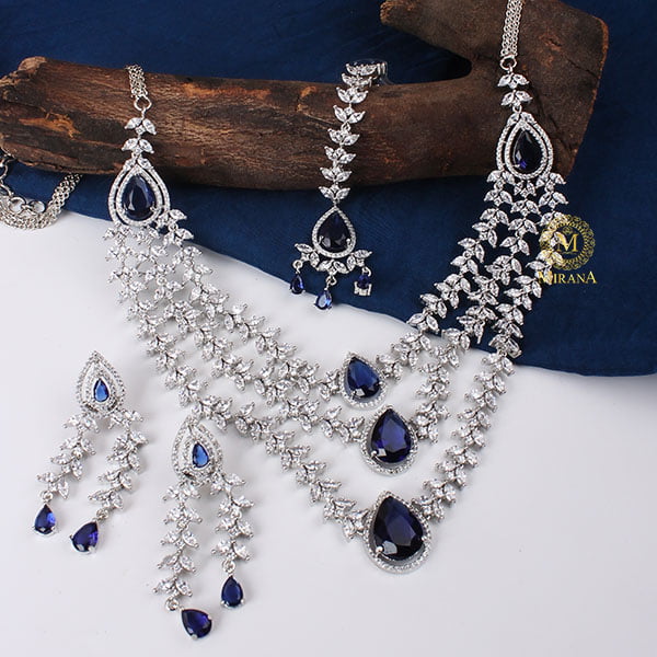 Diana Blue Coloured Triple Layered Designer Necklace Set