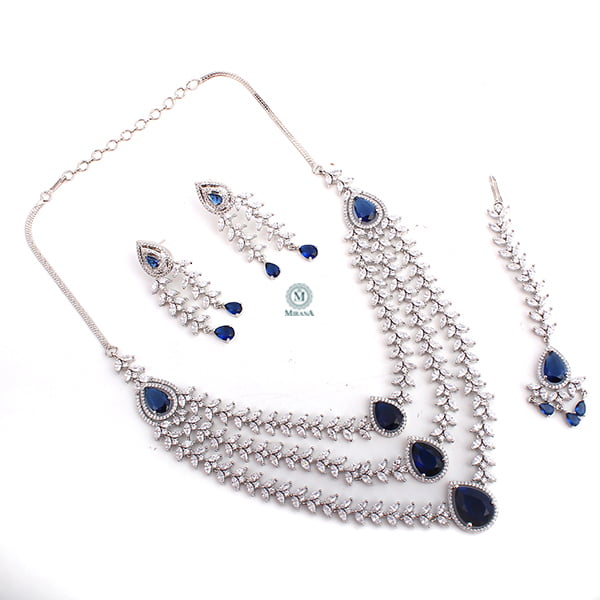 Diana Blue Coloured Triple Layered Designer Necklace Set