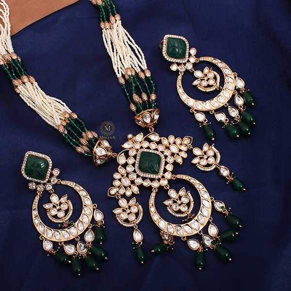 Lavaniya Emerald Polki Long Necklace Set