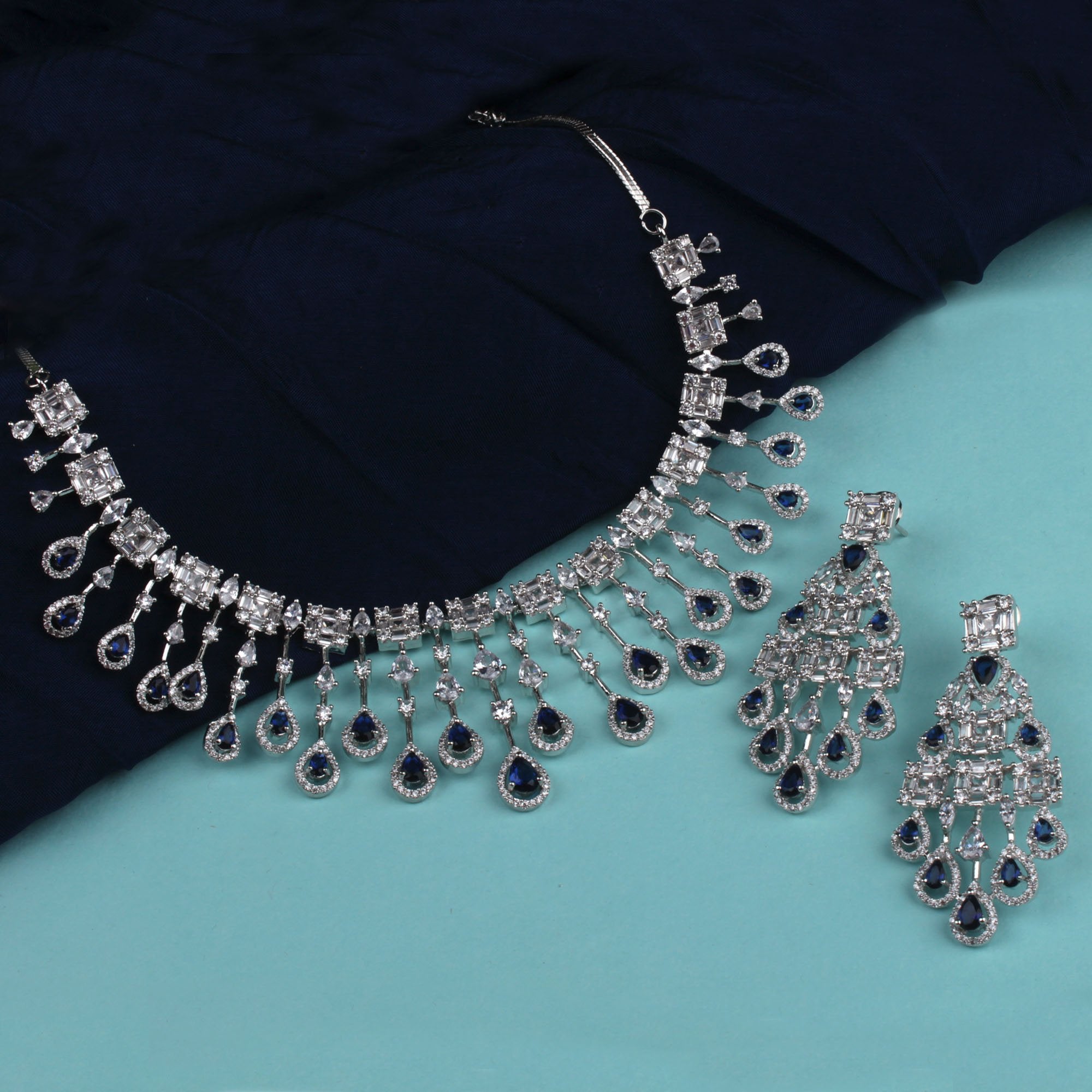 CZ Waterfall Sapphire Blue Coloured Necklace Set