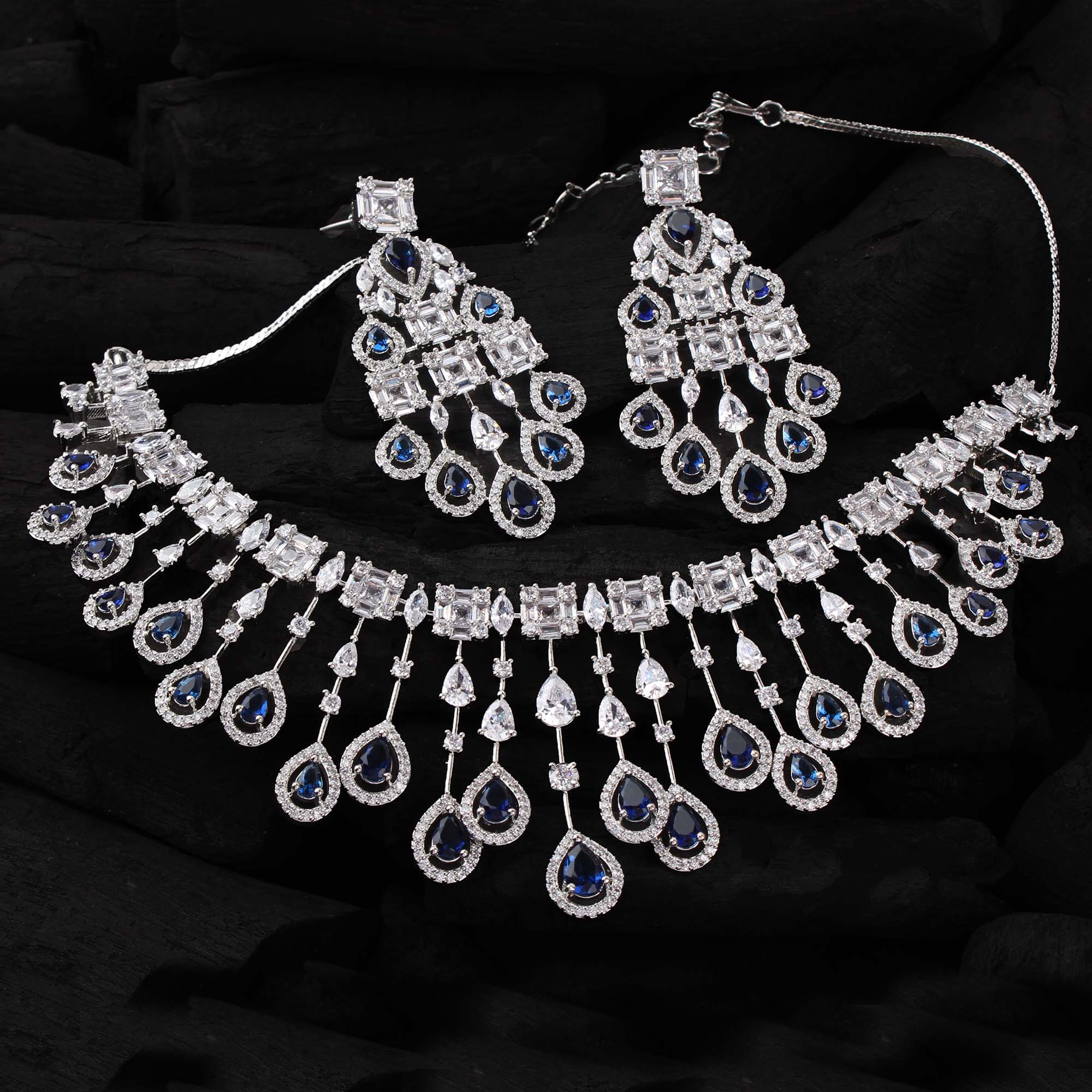 CZ Waterfall Sapphire Blue Coloured Necklace Set