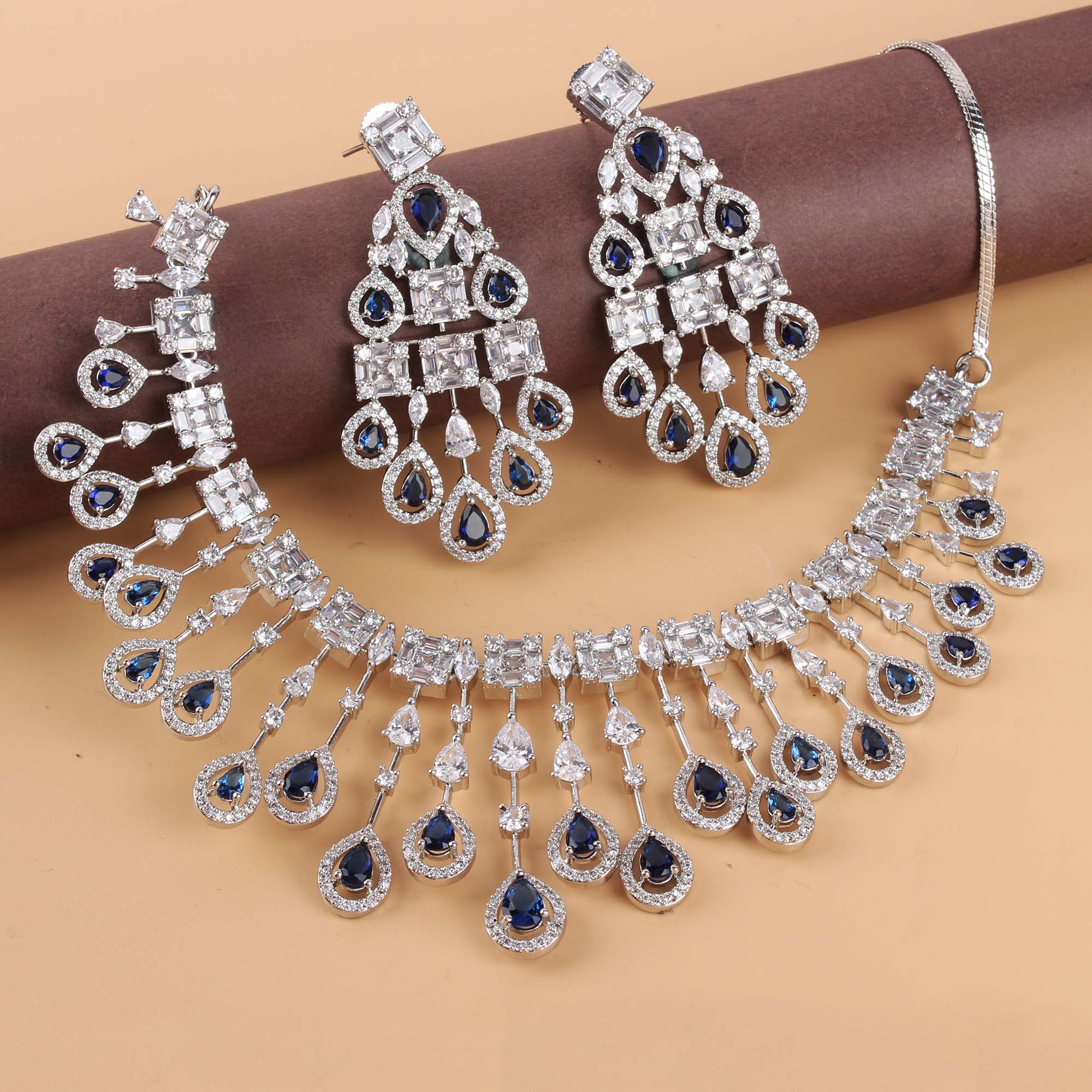 CZ Waterfall Sapphire Blue Coloured Necklace Set