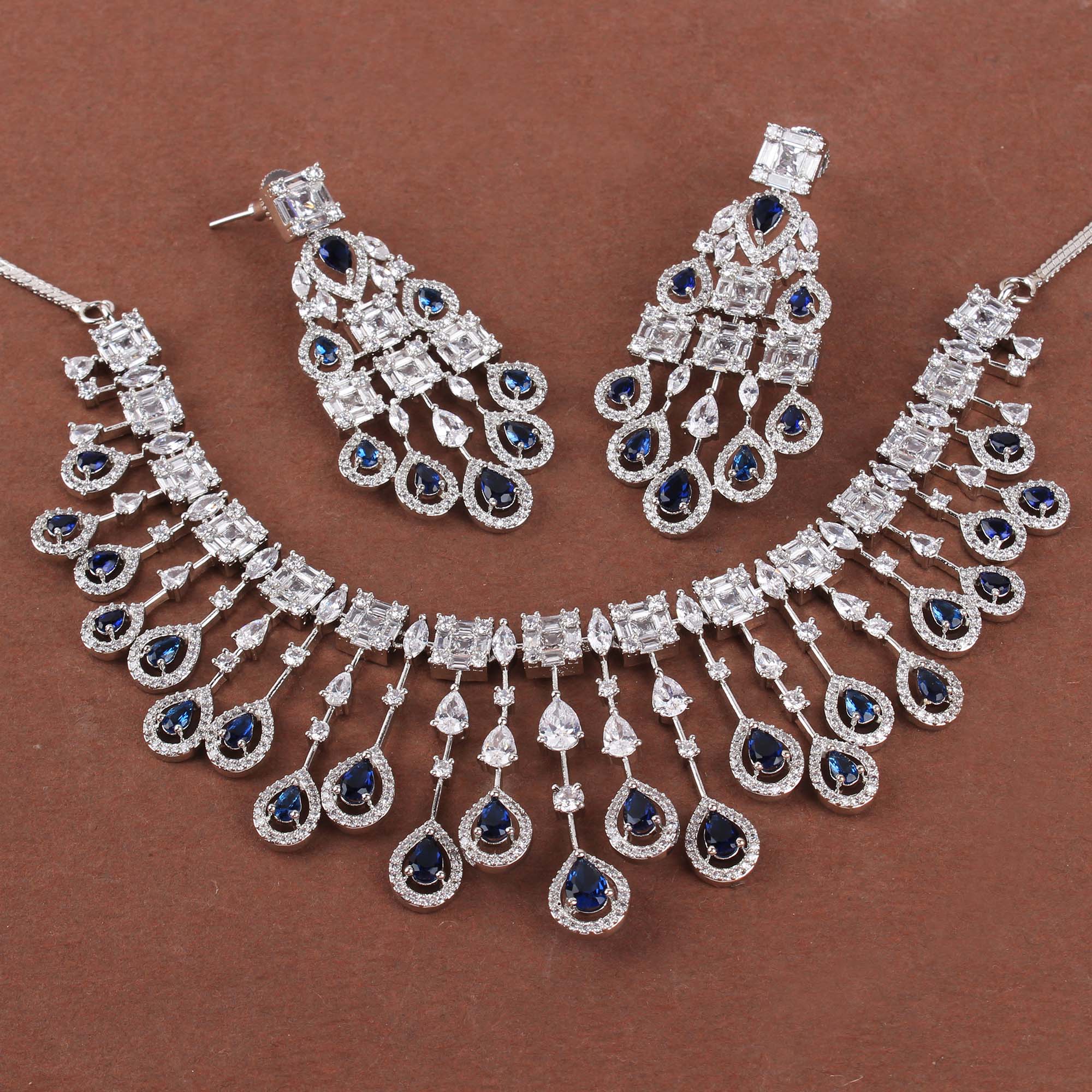 CZ Waterfall Sapphire Blue Coloured Necklace Set