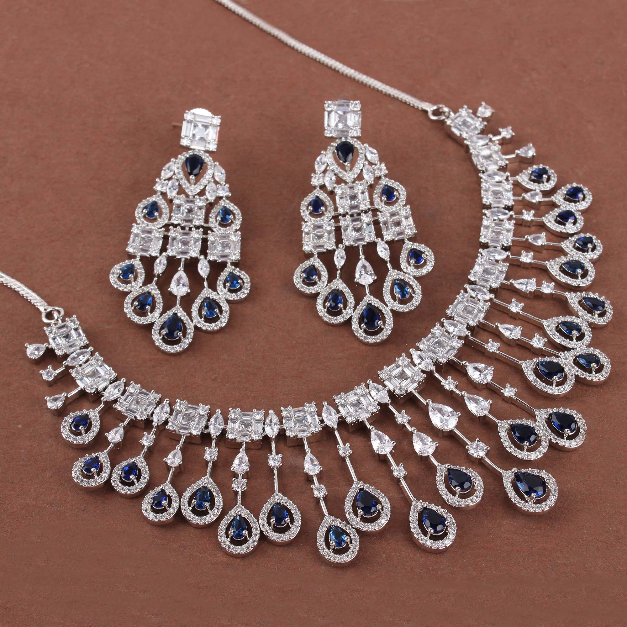 CZ Waterfall Sapphire Blue Coloured Necklace Set