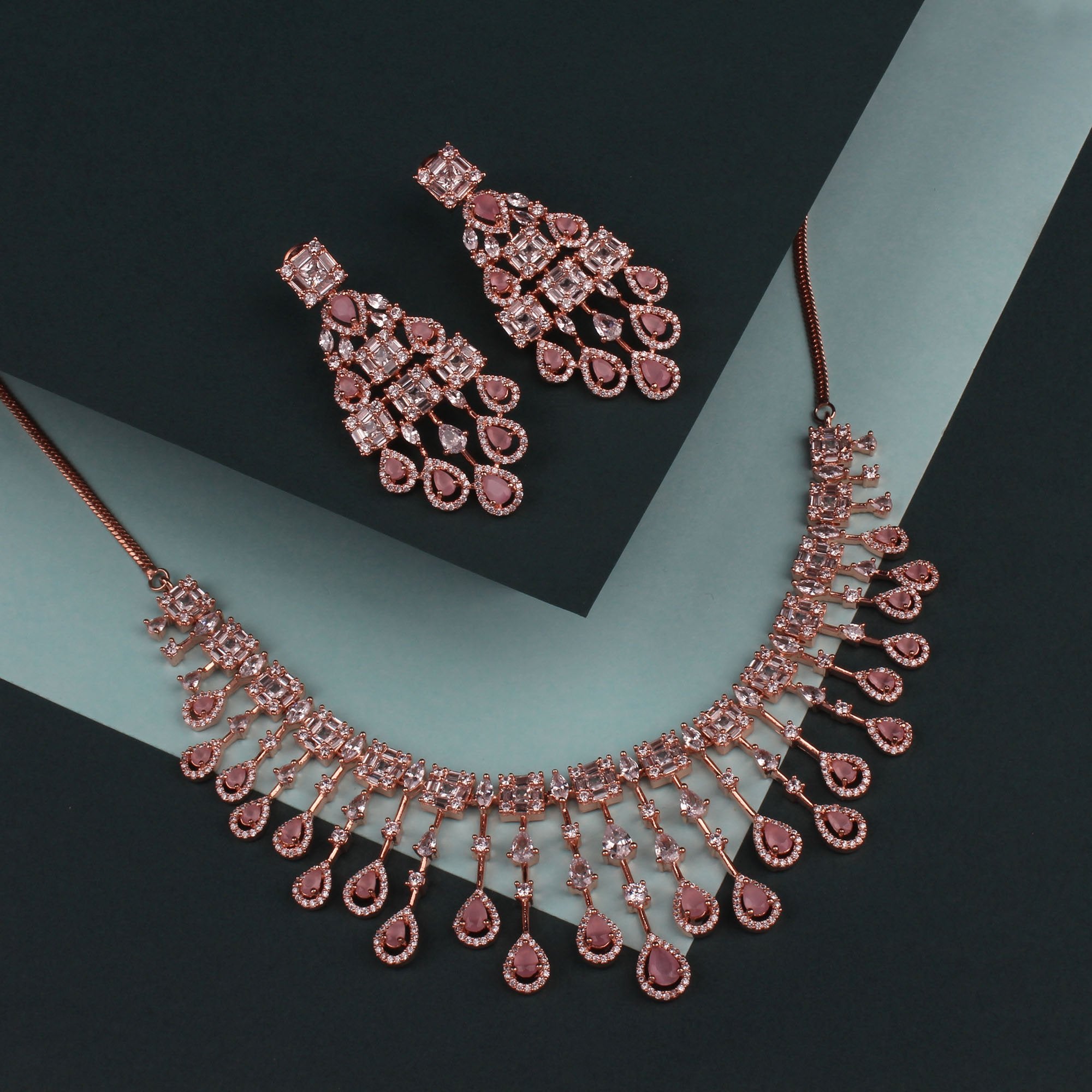 CZ Waterfall Pastel Pink Coloured Necklace Set