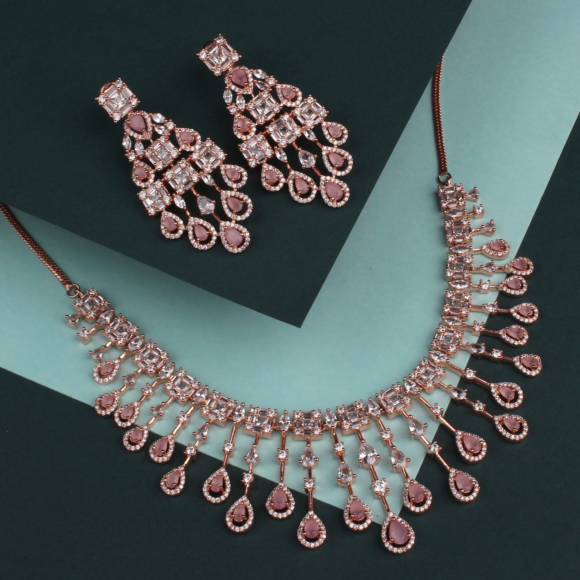 CZ Waterfall Pastel Pink Coloured Necklace Set