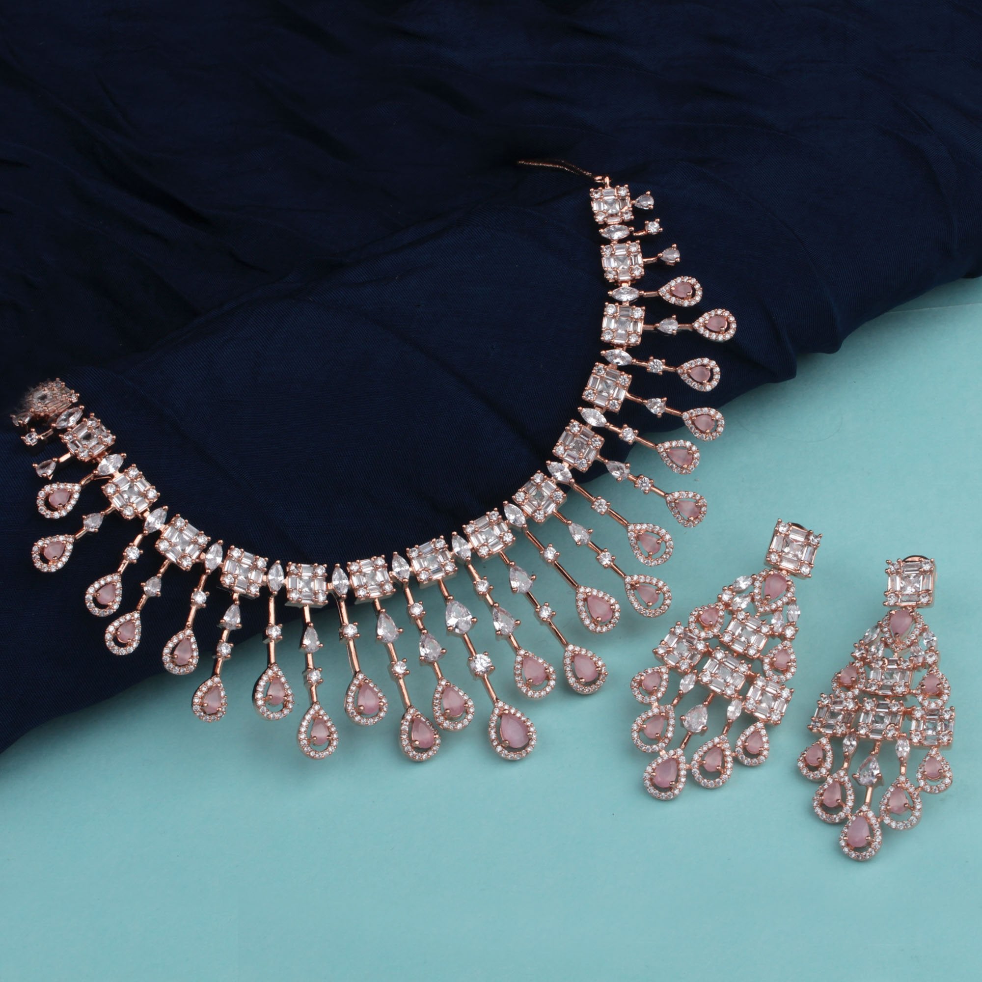 CZ Waterfall Pastel Pink Coloured Necklace Set