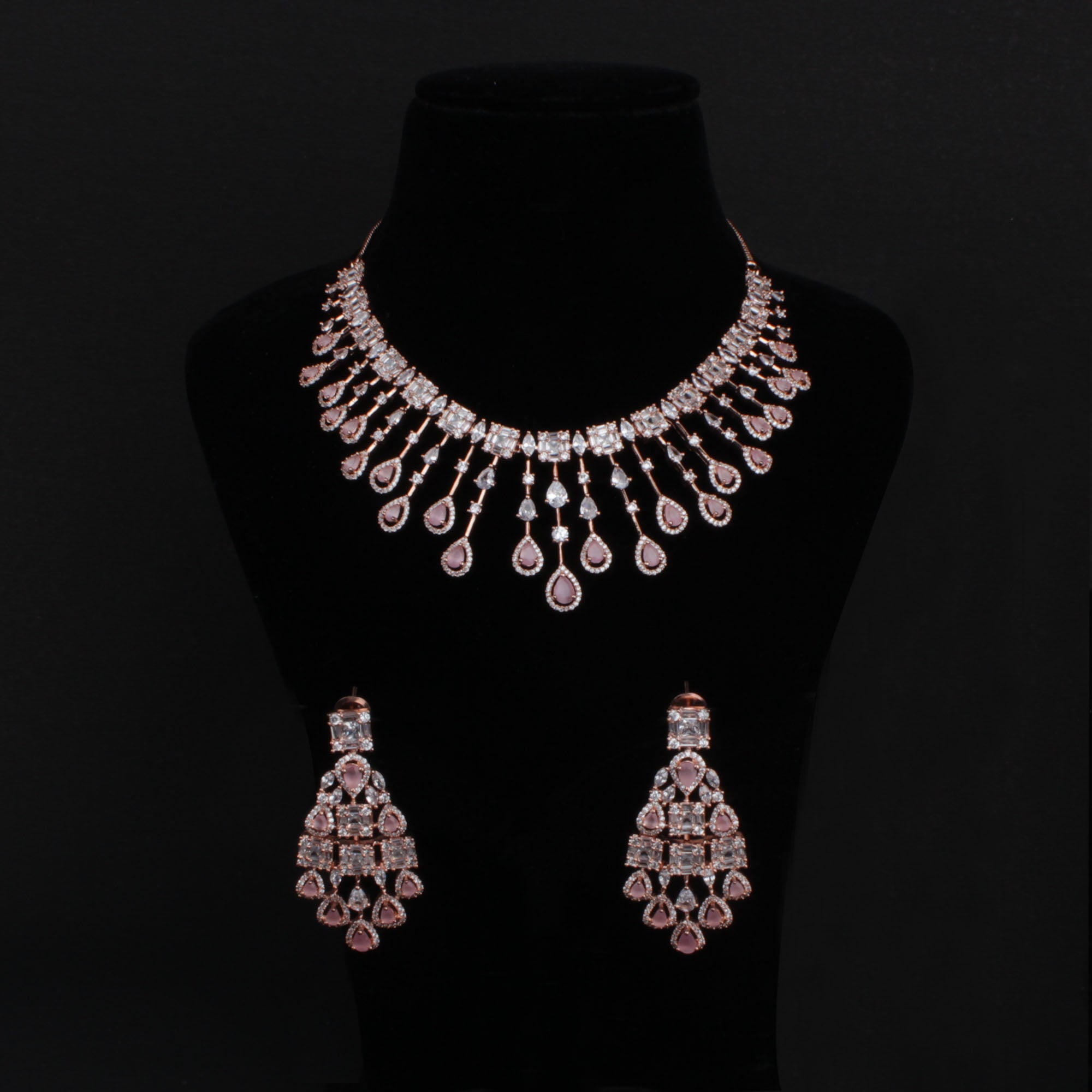 CZ Waterfall Pastel Pink Coloured Necklace Set