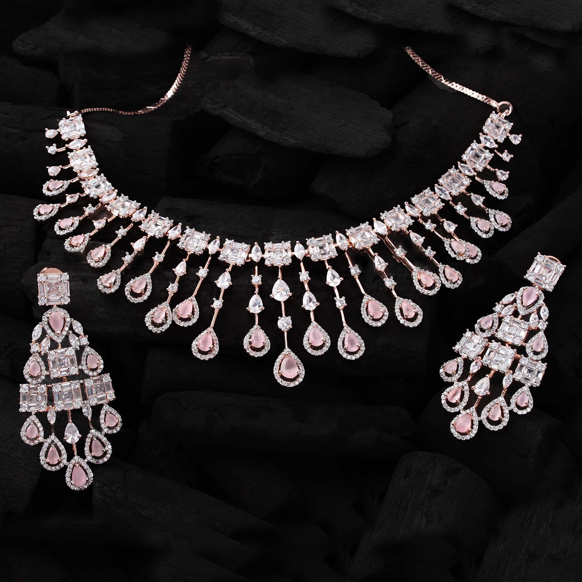 CZ Waterfall Pastel Pink Coloured Necklace Set