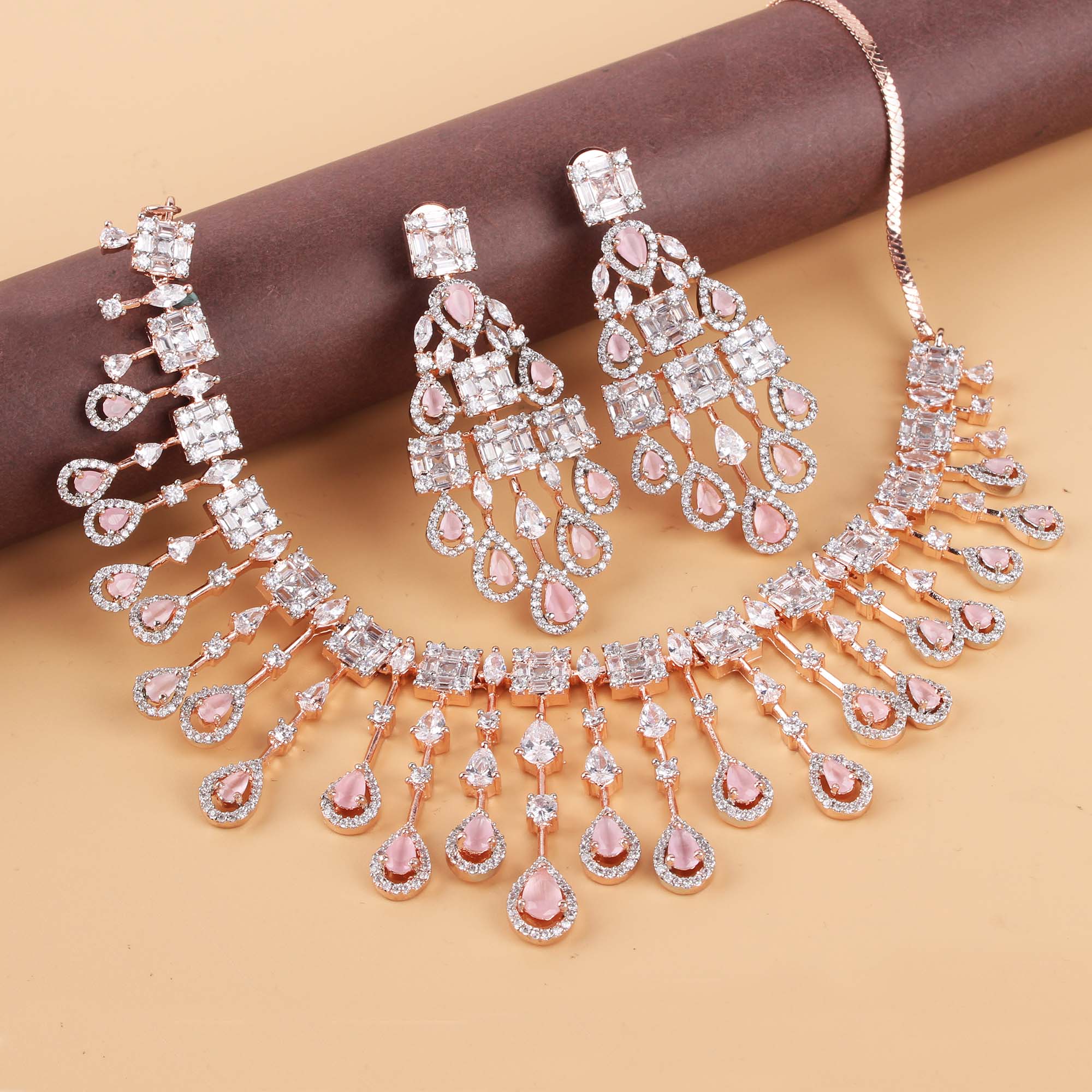 CZ Waterfall Pastel Pink Coloured Necklace Set