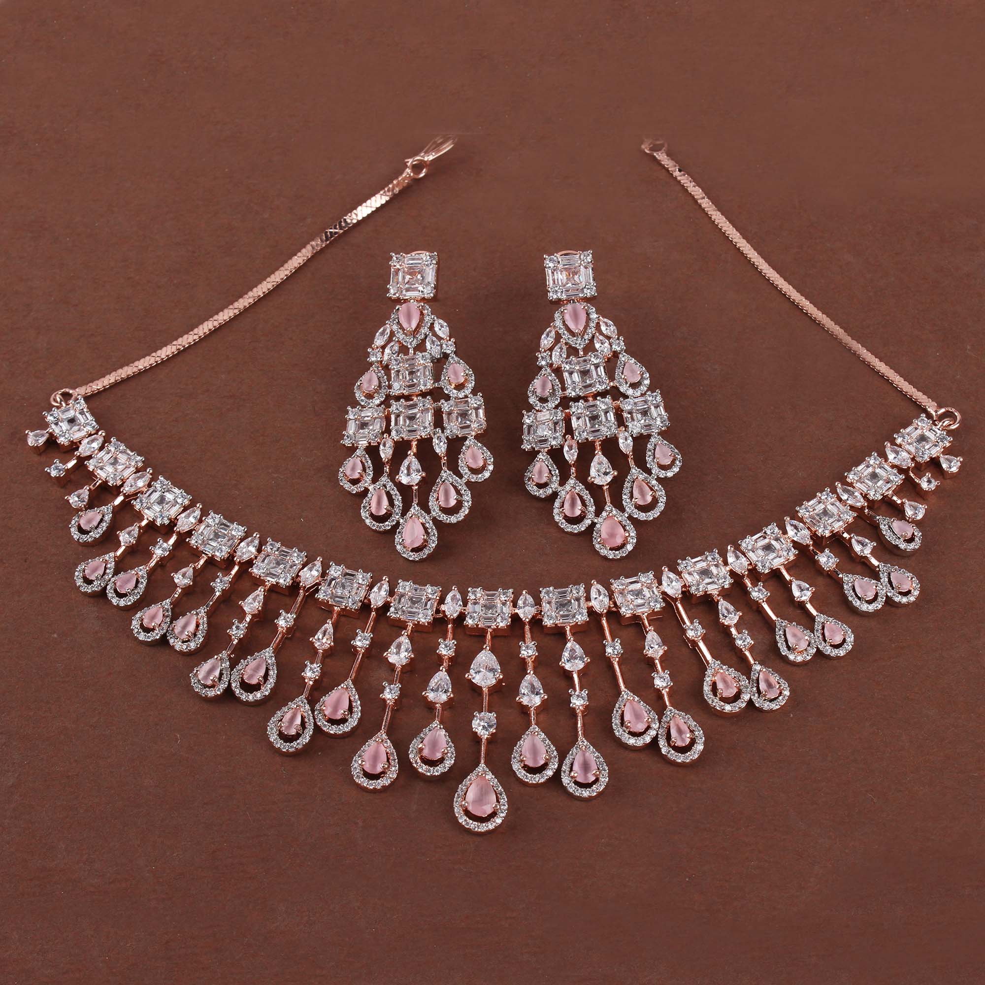 CZ Waterfall Pastel Pink Coloured Necklace Set