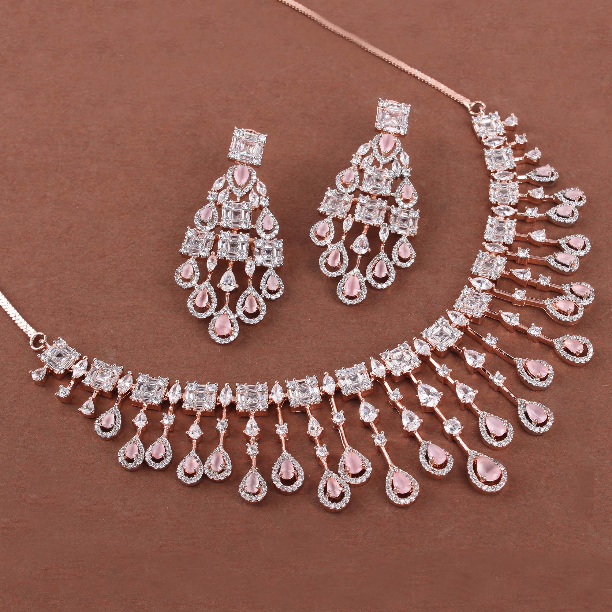 CZ Waterfall Pastel Pink Coloured Necklace Set