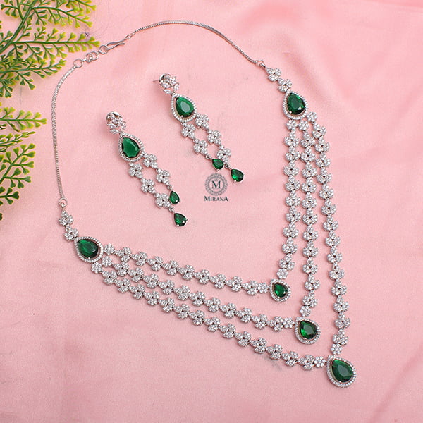 Bertina Emerald Triple Layered Designer Necklace Set