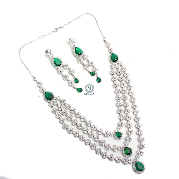 Bertina Emerald Triple Layered Designer Necklace Set