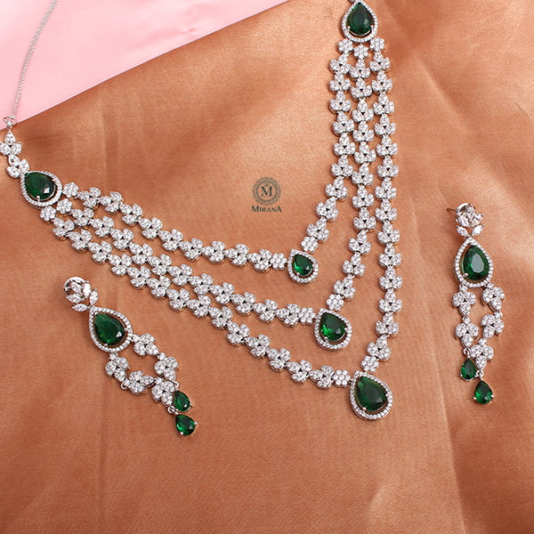 Bertina Emerald Triple Layered Designer Necklace Set