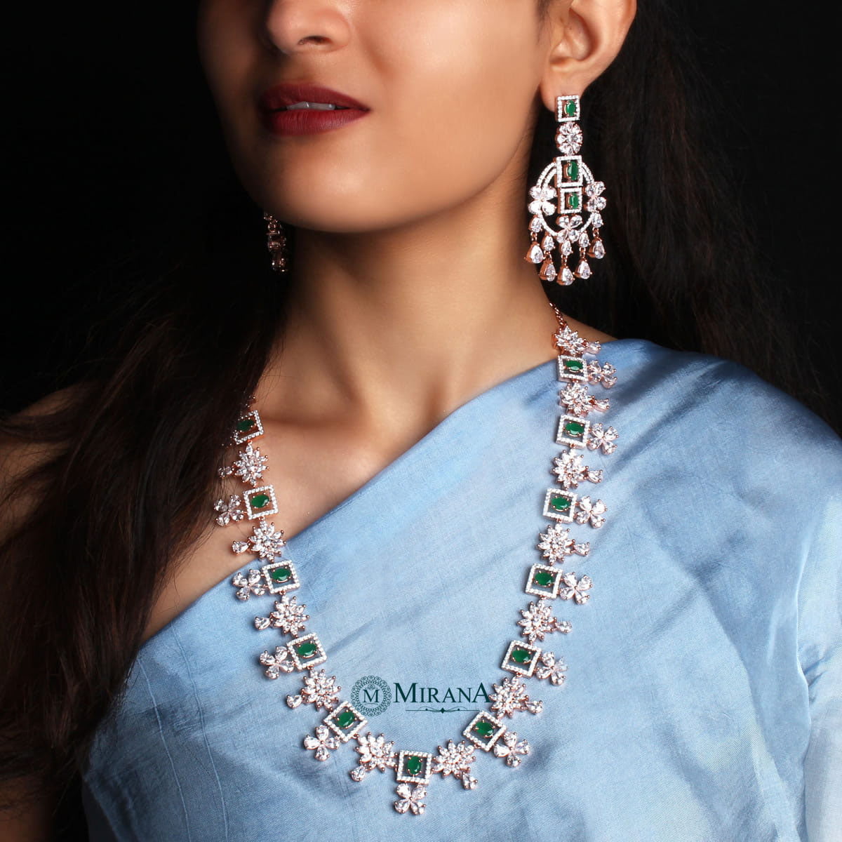 Harmony Emerald Long CZ Designer Necklace Set