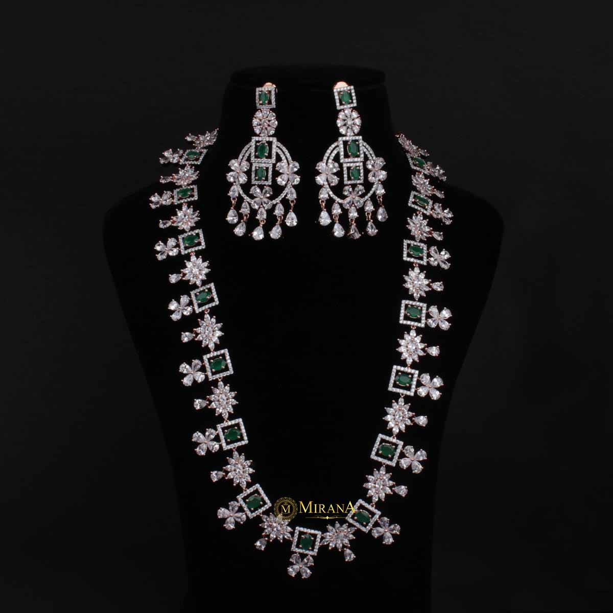 Harmony Emerald Long CZ Designer Necklace Set