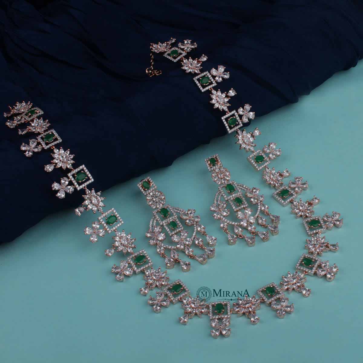 Harmony Emerald Long CZ Designer Necklace Set