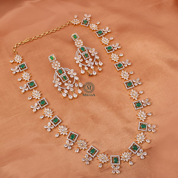 Harmony Emerald Long CZ Designer Necklace Set