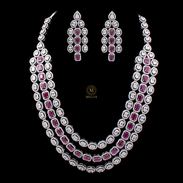 Chrisha Ruby Triple Layered Designer Necklace Set