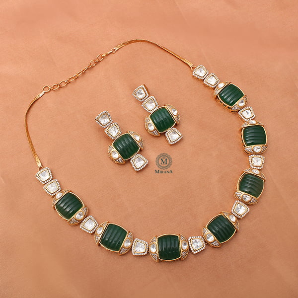 Dhanya Emerald Carved Stone Polki Necklace Set