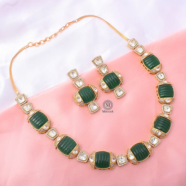 Dhanya Emerald Carved Stone Polki Necklace Set