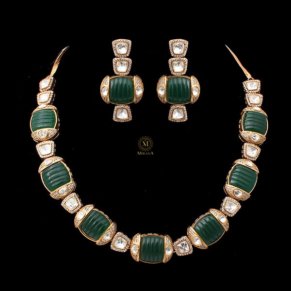 Dhanya Emerald Carved Stone Polki Necklace Set