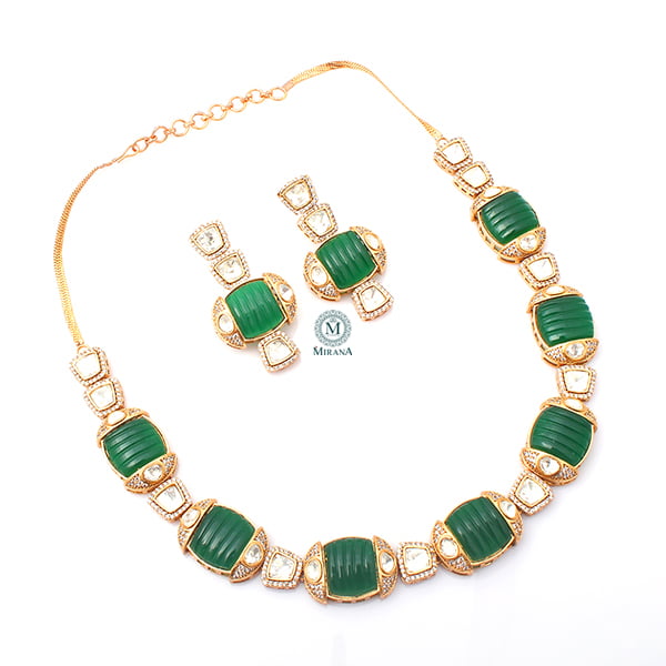Dhanya Emerald Carved Stone Polki Necklace Set