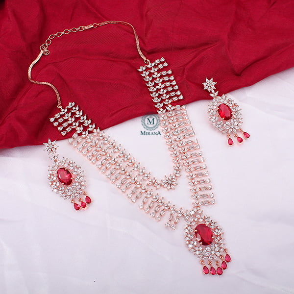 Dia Double Layered Red Designer Necklace Set