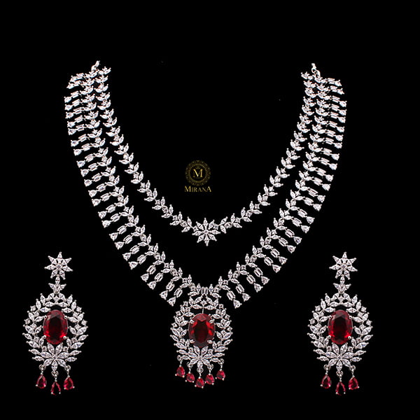 Dia Double Layered Red Designer Necklace Set