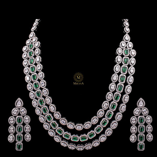 Chrisha Emerald Green Triple Layered Designer Necklace Set