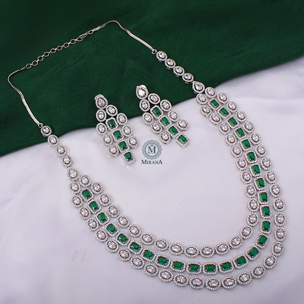 Chrisha Emerald Green Triple Layered Designer Necklace Set