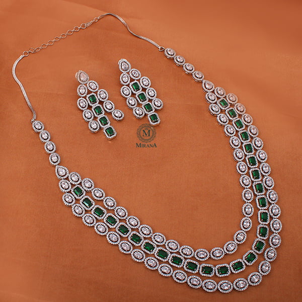 Chrisha Emerald Green Triple Layered Designer Necklace Set