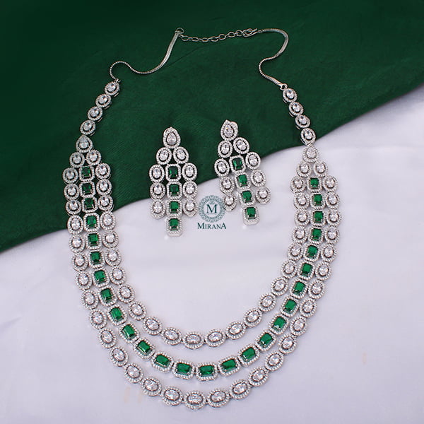 Chrisha Emerald Green Triple Layered Designer Necklace Set