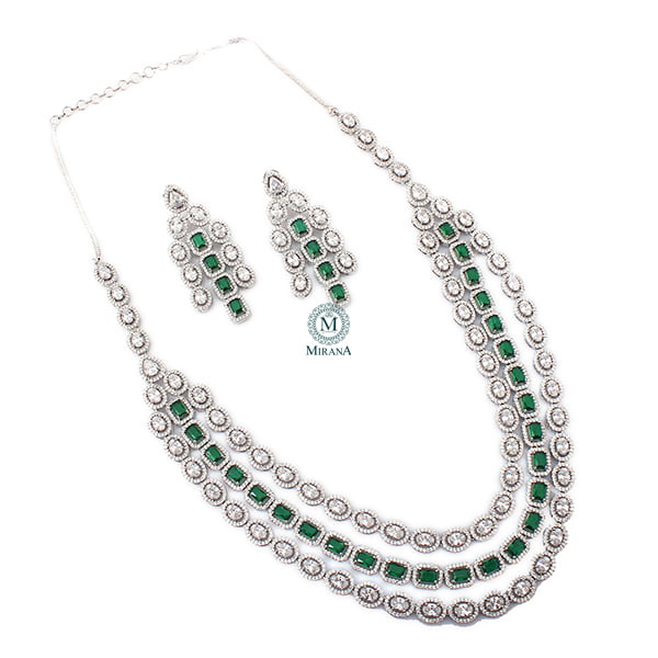 Chrisha Emerald Green Triple Layered Designer Necklace Set