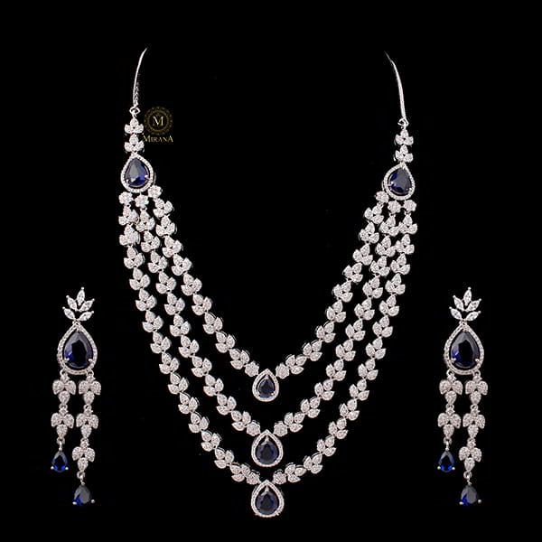 Bertina Sapphire Blue Triple Layered Designer Necklace Set